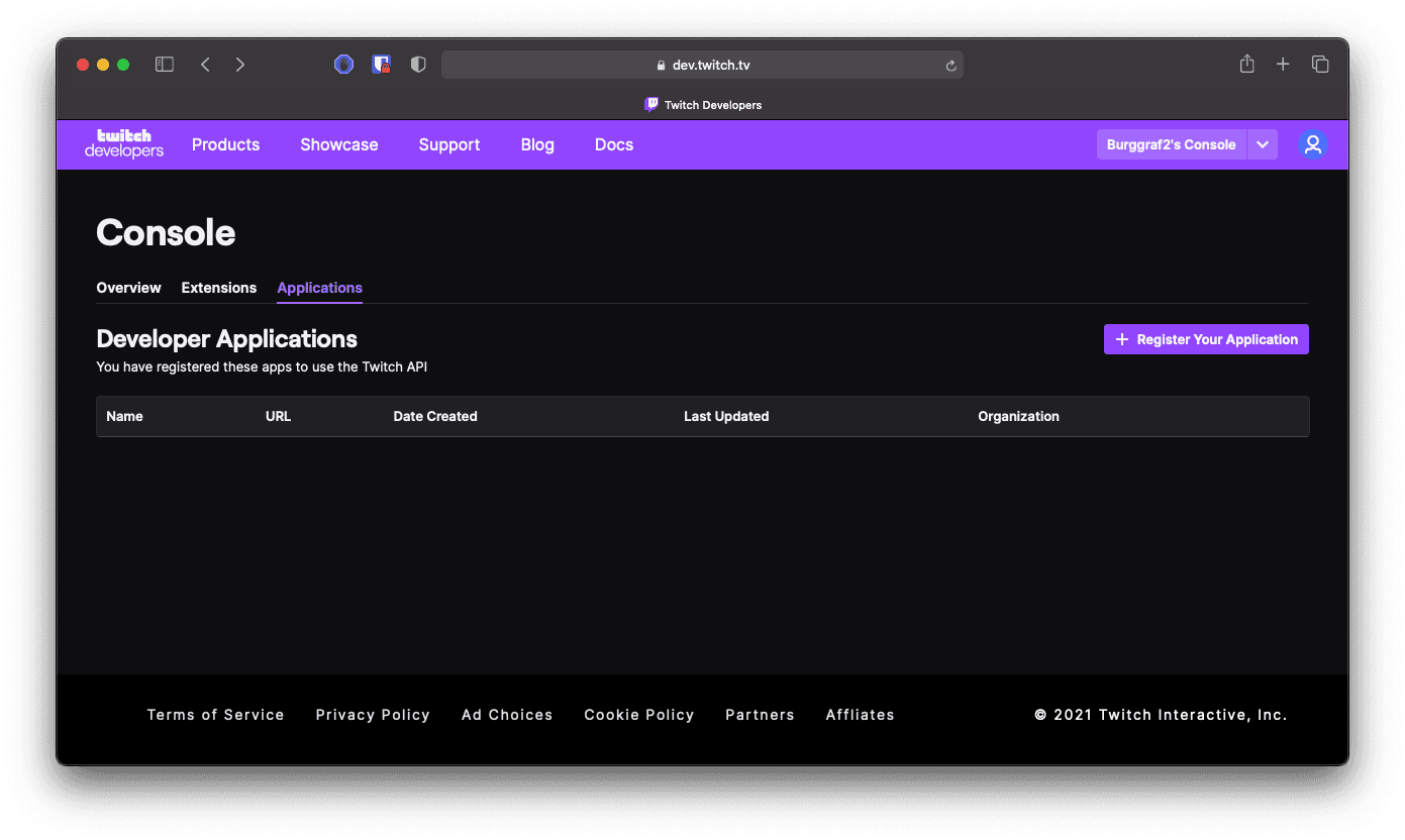 Twitch Developer Console