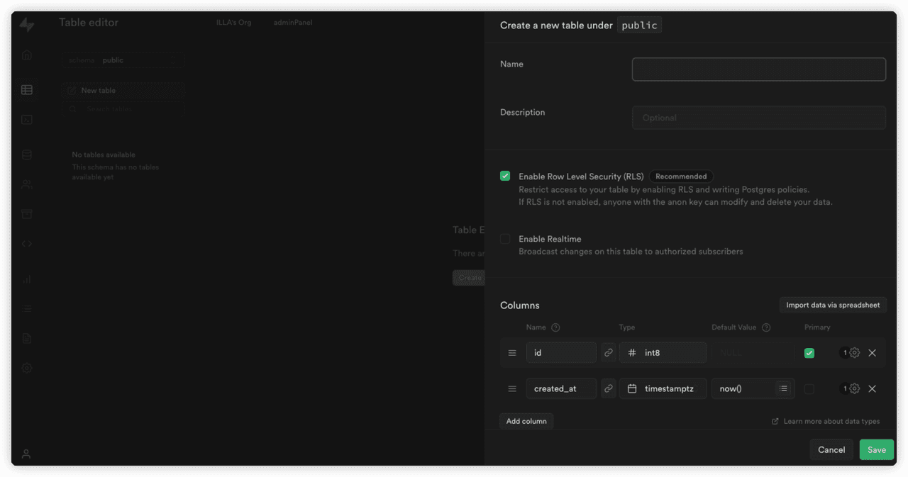 Config Supabase Table for ILLA Admin Panel